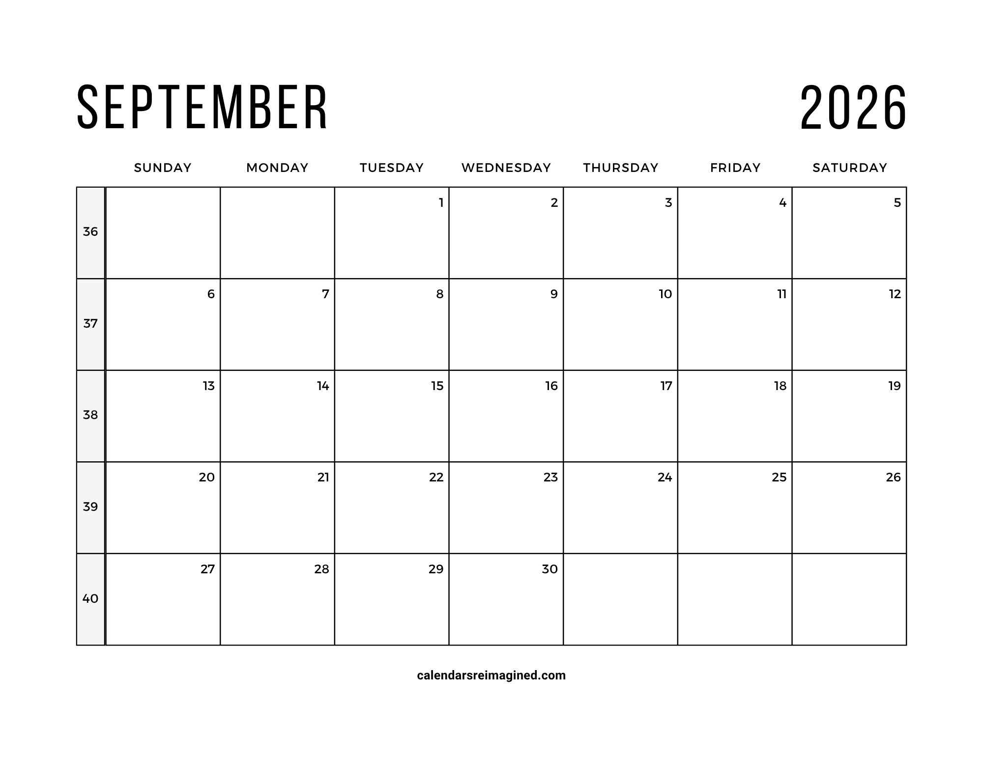 September 2026 calendar with week numbers