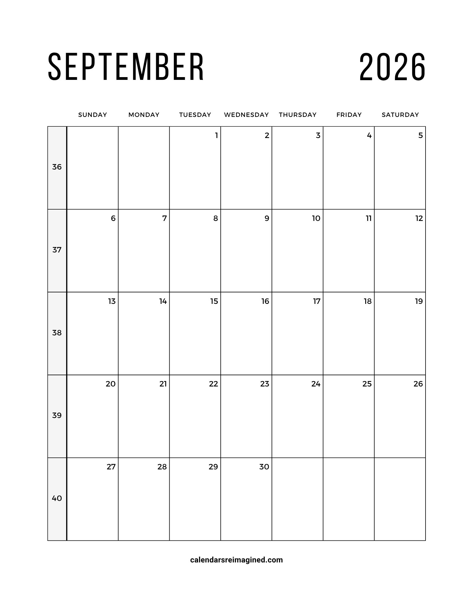 September 2026 calendar with week numbers